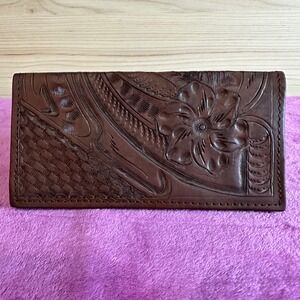 Leaders in Leather Tooled Western Floral Checkbook Wallet Brown Made in Paraguay